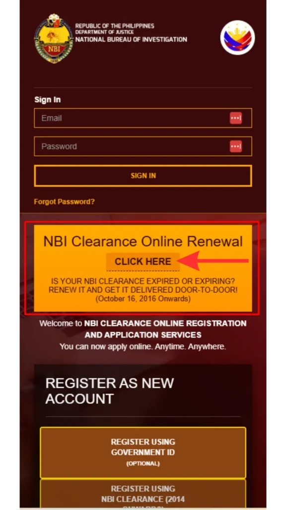 Log in to the official NBI portal
