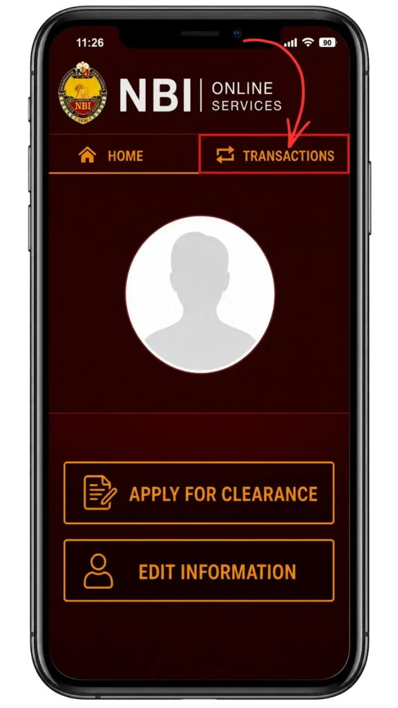 NBI portal open  he transactions tab